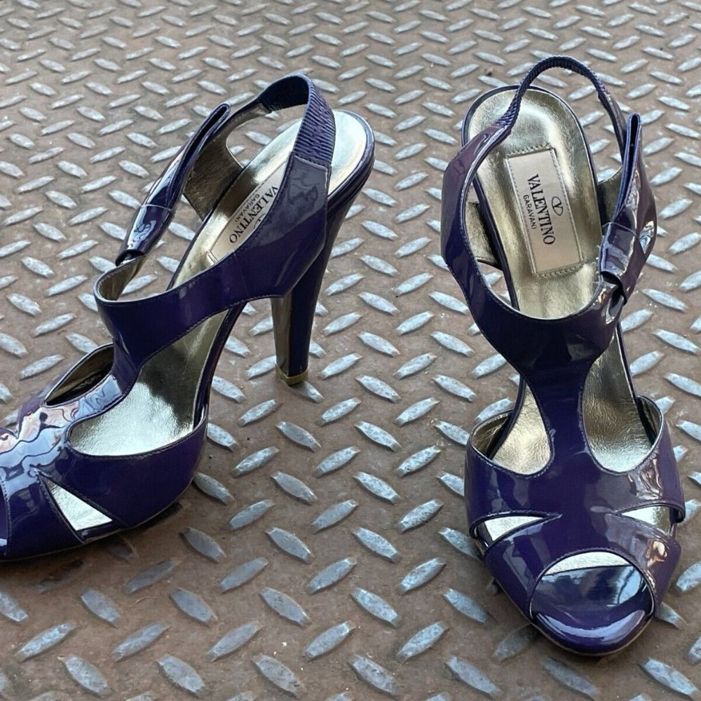 Valentino Garavani Women Heel Patent Leather Purple Bow Sandal Shoes Italy Sz 37